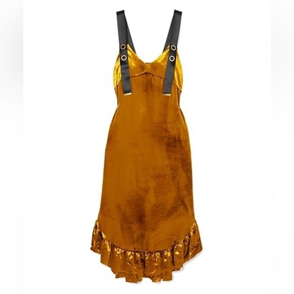 Mother Of Pearl Florence dress RUFFLE-TRIMMED VELVET midi mustard $750 US 8 - Picture 1 of 13